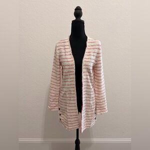 NIC + ZOE Cream & Pink Fringe Open Front Sweater Cardigan Chic Boho Luxe